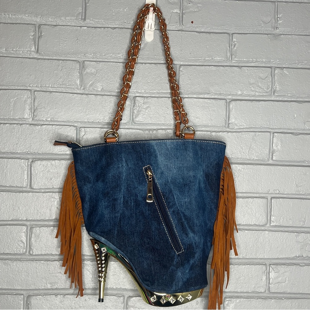Denim & Fringe Stiletto Heel with Rhinestones Women's Handbag - Picture 7 of 16